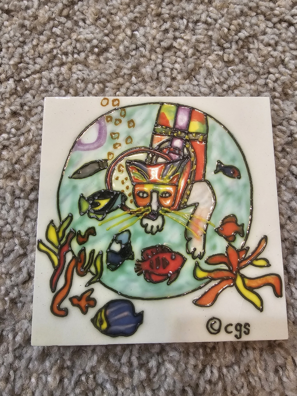 Vintage Colorful Cat Underwater Tile Coaster Art Decoration